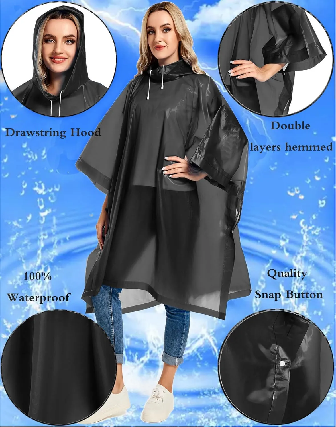 2 Pack Rain Ponchos for Adults Reusable - Raincoats Survival Emergency Heavy Duty Rain Coat with Drawstring Hood