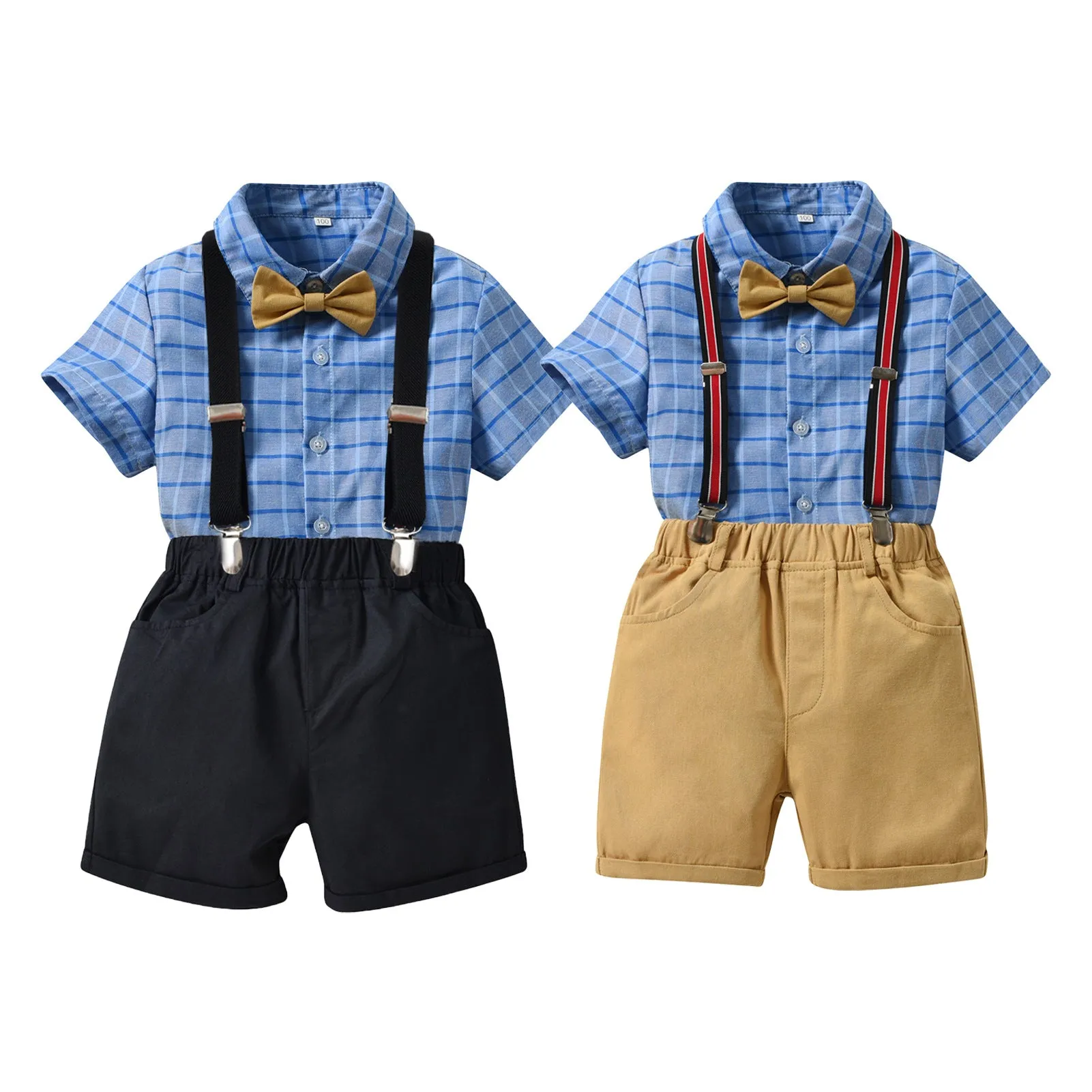 2 Pieces Set Baby Kid Boys Checked Bow Shirts And Striped Rompers Wholesale 230224145