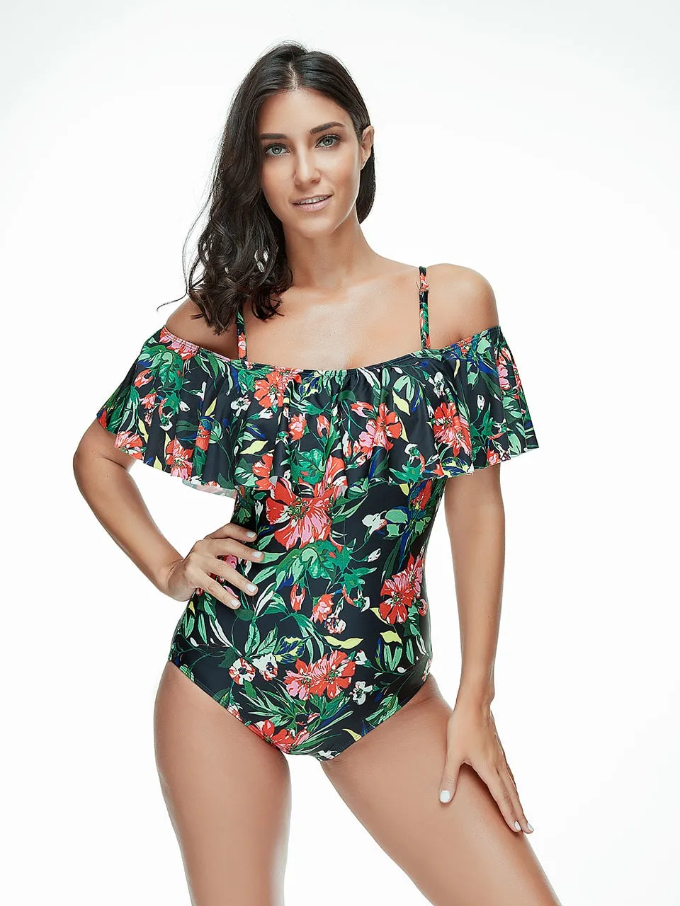 2019 Swimwear Women One Piece Big Leaf Green Floral Monokini