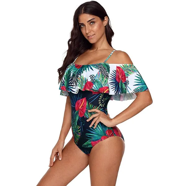 2019 Swimwear Women One Piece Big Leaf Green Floral Monokini