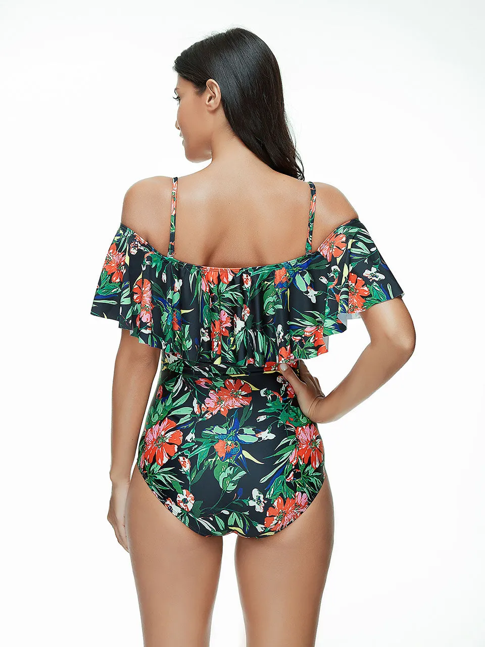 2019 Swimwear Women One Piece Big Leaf Green Floral Monokini