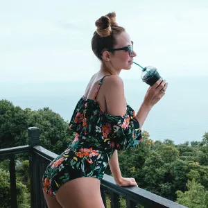 2019 Swimwear Women One Piece Big Leaf Green Floral Monokini