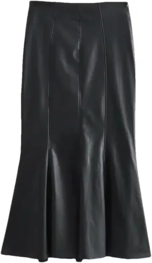 2023 Vintage Black Imitation Leather Skirts Women Midi Mid-Calf Skirts Windbreak Zipper Skirt
