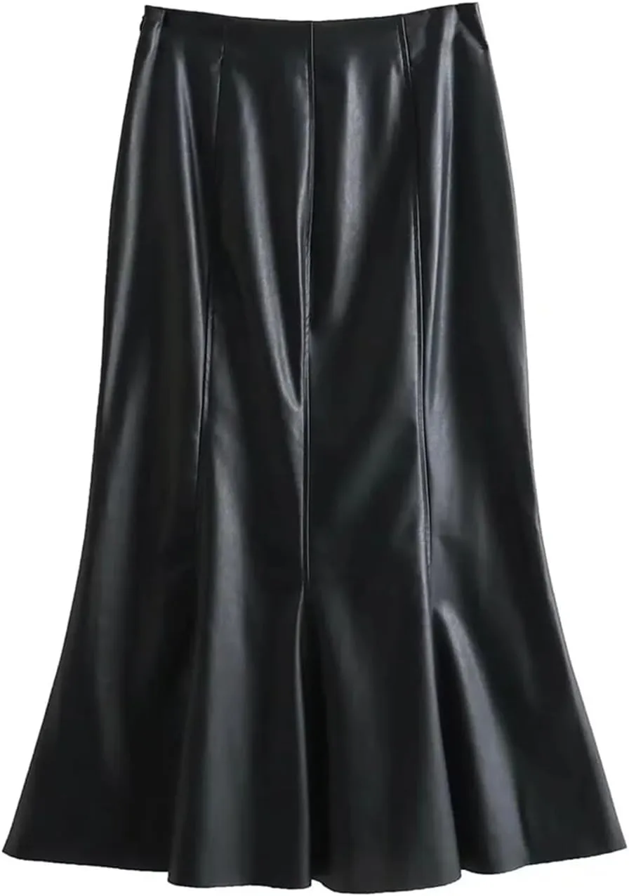 2023 Vintage Black Imitation Leather Skirts Women Midi Mid-Calf Skirts Windbreak Zipper Skirt