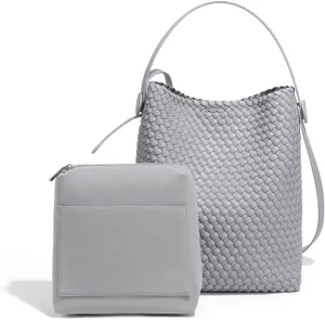 2PC Tote Bag Set Handcrafted PU Leather Bucket Bag with Adjustable Strap Womens Crossbody Shoulder Bag (Grey,One Size)