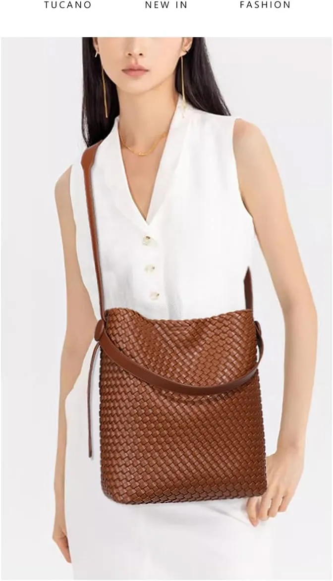 2PC Tote Bag Set Handcrafted PU Leather Bucket Bag with Adjustable Strap Womens Crossbody Shoulder Bag (Grey,One Size)
