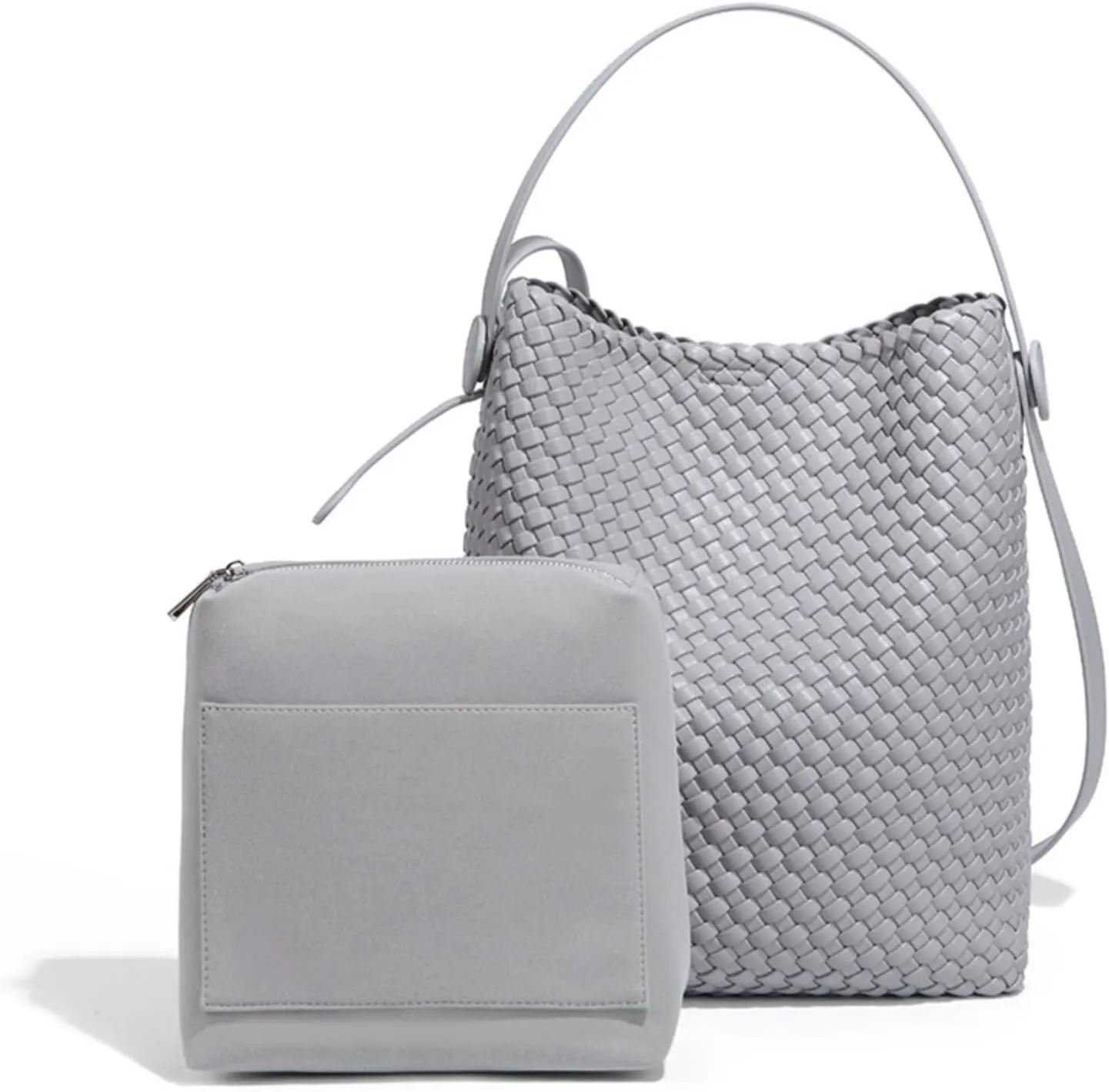 2PC Tote Bag Set Handcrafted PU Leather Bucket Bag with Adjustable Strap Womens Crossbody Shoulder Bag (Grey,One Size)
