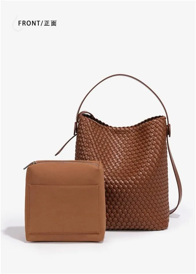 2PC Tote Bag Set Handcrafted PU Leather Bucket Bag with Adjustable Strap Womens Crossbody Shoulder Bag (Grey,One Size)