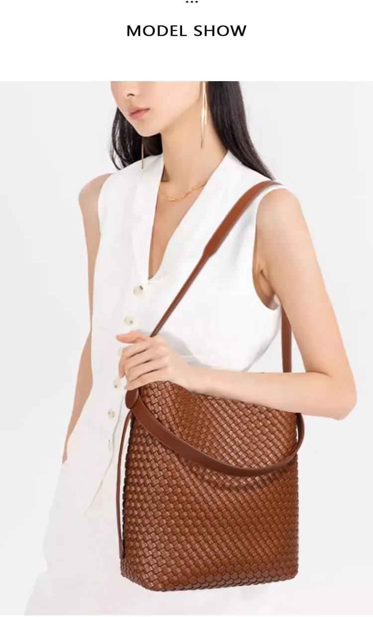 2PC Tote Bag Set Handcrafted PU Leather Bucket Bag with Adjustable Strap Womens Crossbody Shoulder Bag (Grey,One Size)