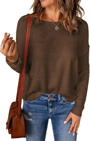 Acelitt Womens Casual Lightweight Long Sleeve Crewneck Knit Shirts Tops, S-XXL