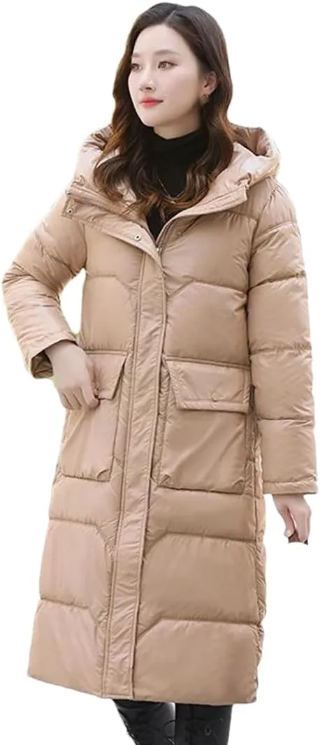 Adhdyuud Women Solid Hooded Long Cotton-Padded Coats Zipper Vintage Thick Winter Warm Overcoat