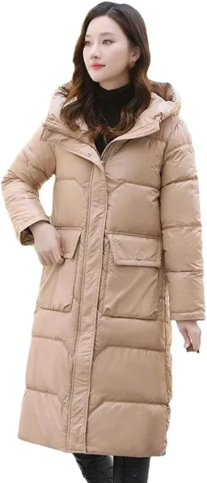 Adhdyuud Women Solid Hooded Long Cotton-Padded Coats Zipper Vintage Thick Winter Warm Overcoat