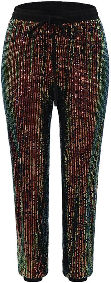 Aelidiya Women's Glitter Sequin Long Pants Bling Party Clubwear Elastic Drawstring Casual Trousers