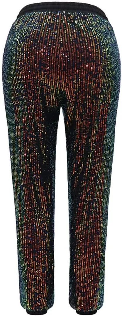 Aelidiya Women's Glitter Sequin Long Pants Bling Party Clubwear Elastic Drawstring Casual Trousers
