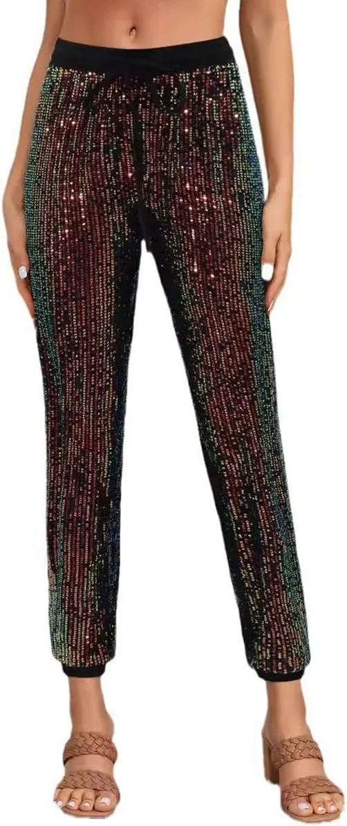 Aelidiya Women's Glitter Sequin Long Pants Bling Party Clubwear Elastic Drawstring Casual Trousers