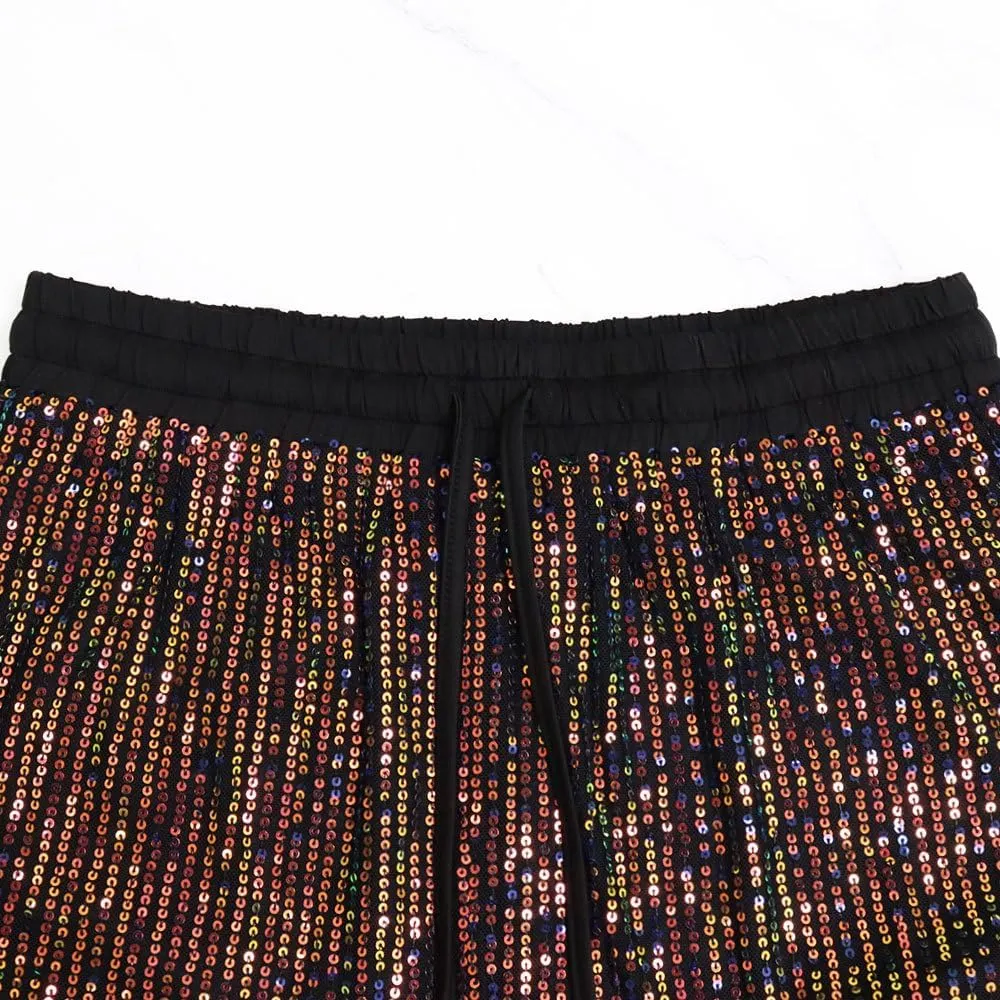 Aelidiya Women's Glitter Sequin Long Pants Bling Party Clubwear Elastic Drawstring Casual Trousers