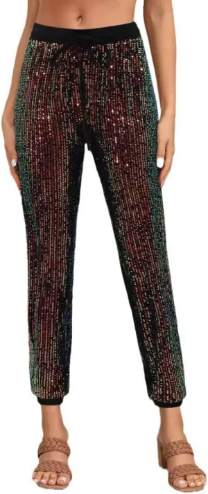 Aelidiya Women's Glitter Sequin Long Pants Bling Party Clubwear Elastic Drawstring Casual Trousers