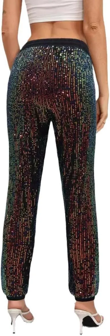 Aelidiya Women's Glitter Sequin Long Pants Bling Party Clubwear Elastic Drawstring Casual Trousers