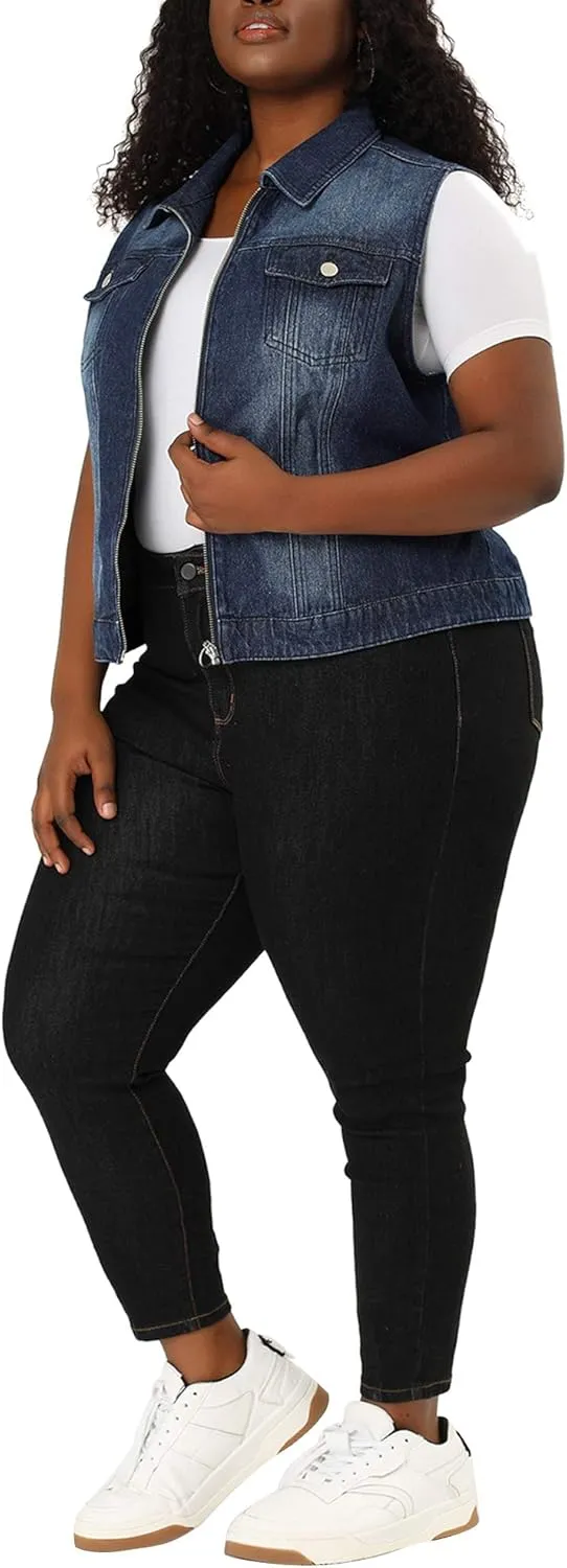 Agnes Orinda Plus Size Denim Vest for Women Sleeveless Zip Up Button Down Waistcoat Jeans Jackets Vests