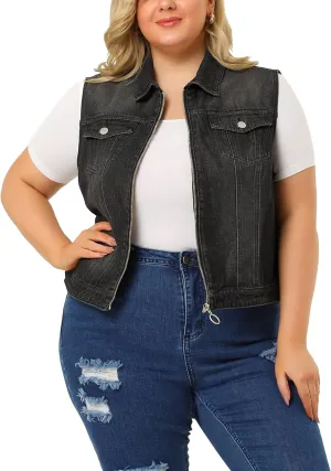 Agnes Orinda Plus Size Denim Vest for Women Sleeveless Zip Up Button Down Waistcoat Jeans Jackets Vests