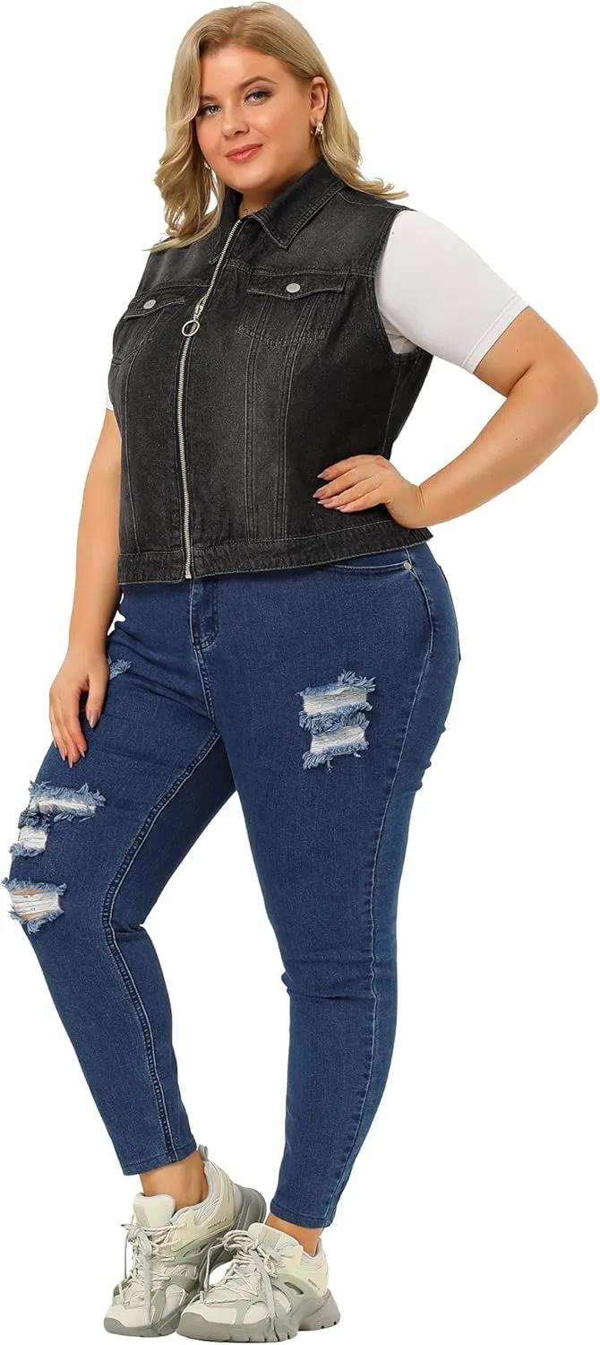 Agnes Orinda Plus Size Denim Vest for Women Sleeveless Zip Up Button Down Waistcoat Jeans Jackets Vests
