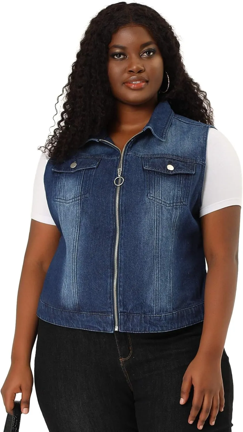 Agnes Orinda Plus Size Denim Vest for Women Sleeveless Zip Up Button Down Waistcoat Jeans Jackets Vests