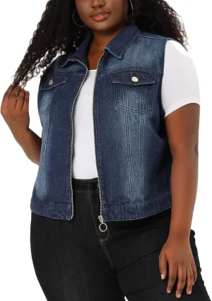 Agnes Orinda Plus Size Denim Vest for Women Sleeveless Zip Up Button Down Waistcoat Jeans Jackets Vests