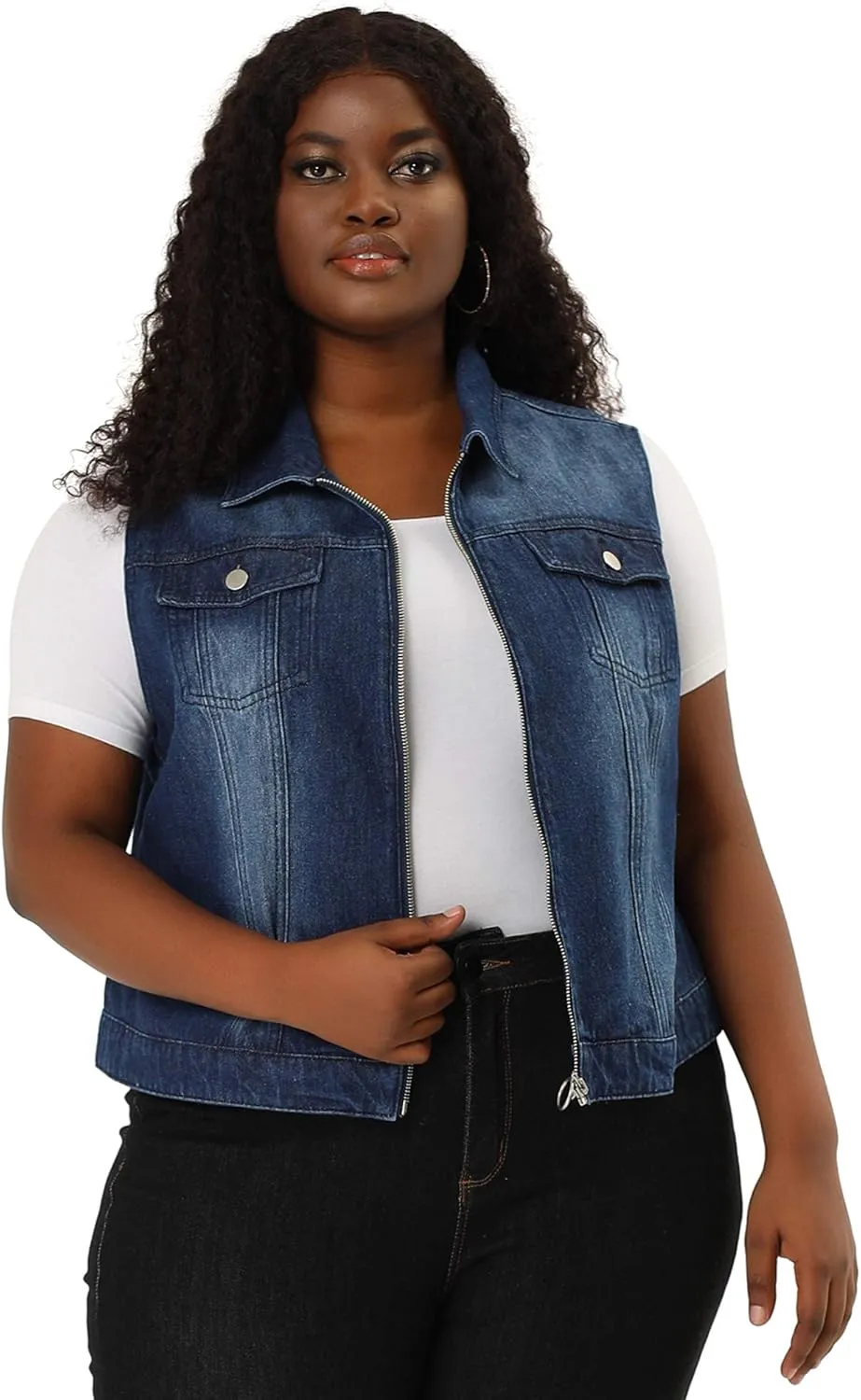 Agnes Orinda Plus Size Denim Vest for Women Sleeveless Zip Up Button Down Waistcoat Jeans Jackets Vests