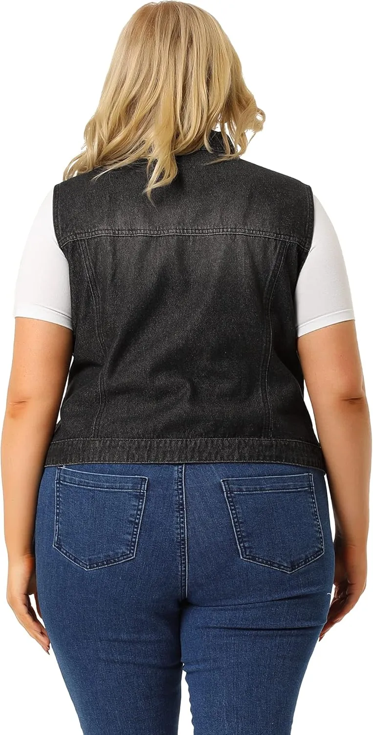 Agnes Orinda Plus Size Denim Vest for Women Sleeveless Zip Up Button Down Waistcoat Jeans Jackets Vests