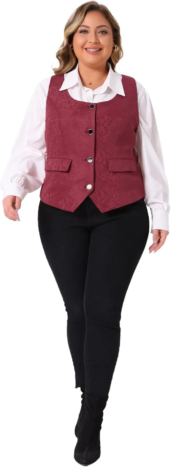 Agnes Orinda Plus Size Vest for Women Sleeveless Jacquard Jacket Steampunk Waistcoat