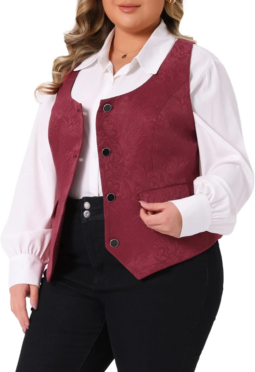 Agnes Orinda Plus Size Vest for Women Sleeveless Jacquard Jacket Steampunk Waistcoat
