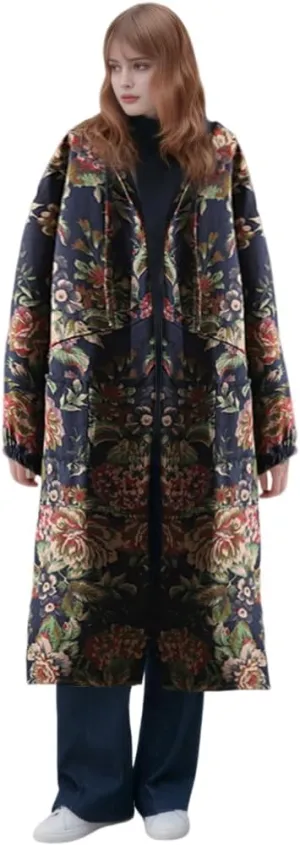 Akivide Womens Floral Print Drawstring Hooded Button Down Long Trench Jacket Oversize Vintage Warm Casual Coats with Pockets