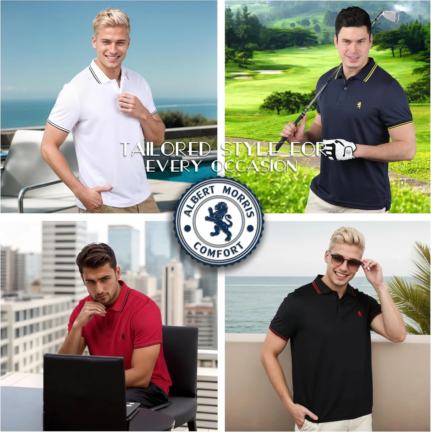 Albert Morris Mens Striped Short Sleeve Polo Shirts 4 Pack