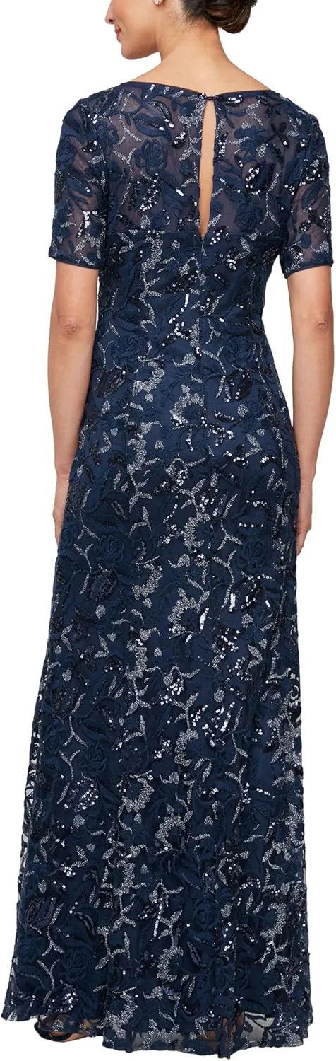 Alex Evenings Women's Long Length A-line Sequin Lace V-Neck Mother of The Bride Dress, Formal Event Gown with Short Sleeves