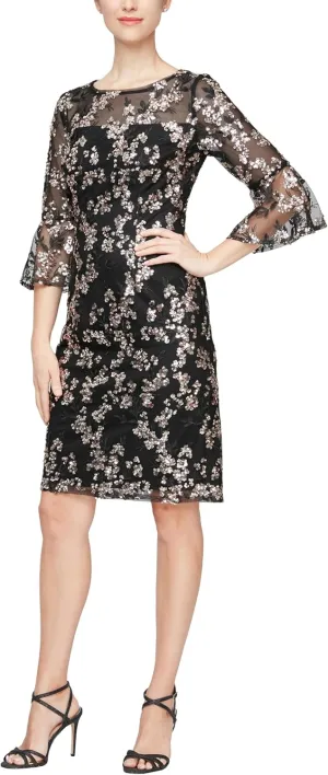 Alex Evenings Women's Short Shift Cocktail Gown with Bell Sleeves, Formal Events, Wedding Guest Dress