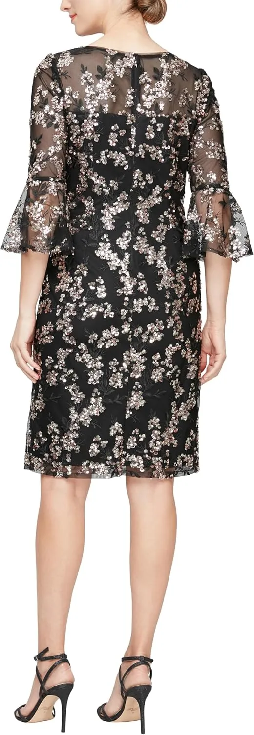 Alex Evenings Women's Short Shift Cocktail Gown with Bell Sleeves, Formal Events, Wedding Guest Dress