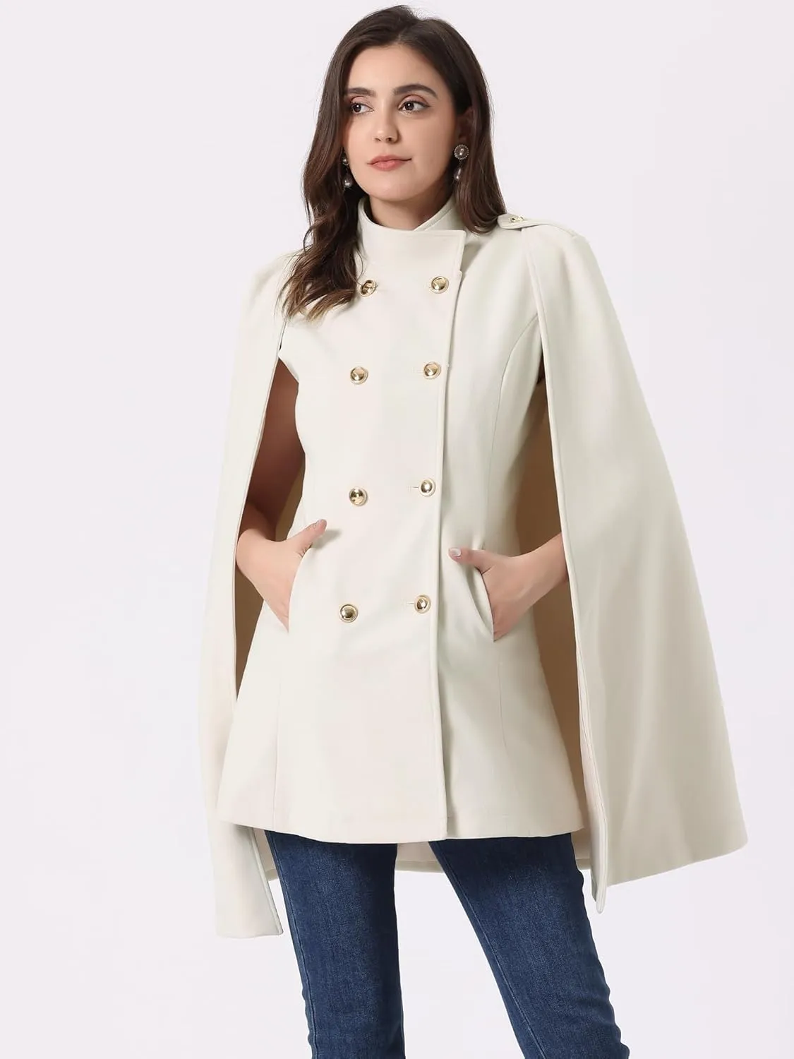 Allegra K Cape Coats for Women's Winter Slit Sleeve Double Breasted Cloak Coat