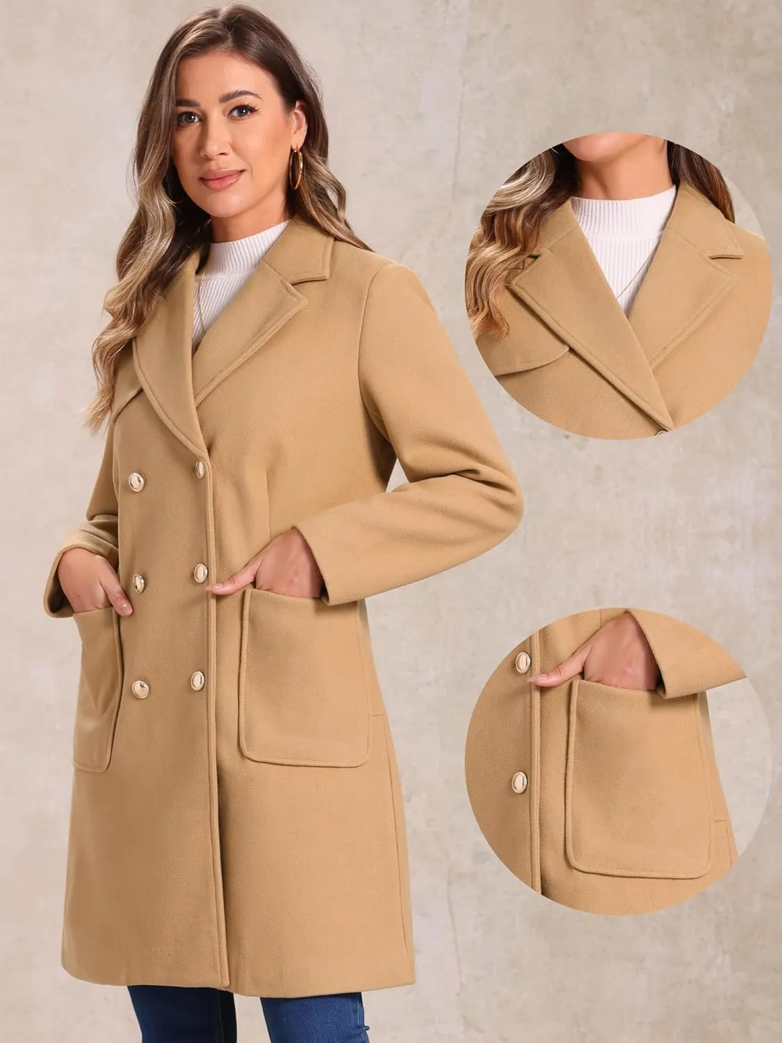 Allegra K Long Coat for Women's Notched Lapel Pockets Double Breasted Long Sleeve Trench Coats
