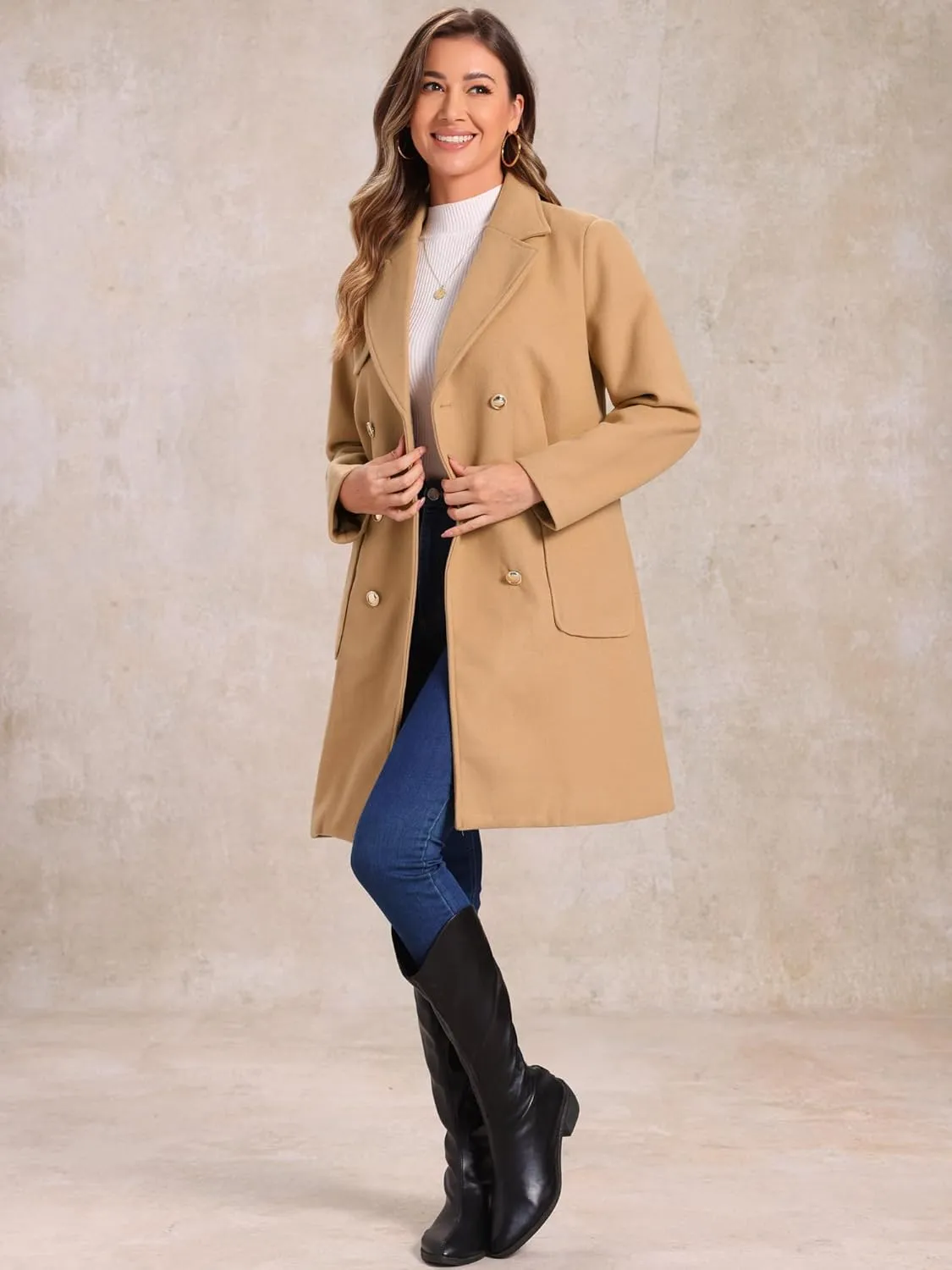 Allegra K Long Coat for Women's Notched Lapel Pockets Double Breasted Long Sleeve Trench Coats