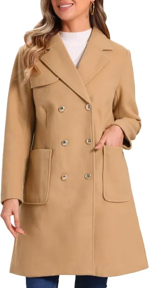 Allegra K Long Coat for Women's Notched Lapel Pockets Double Breasted Long Sleeve Trench Coats