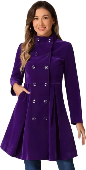 Allegra K Velvet A-Line Coat for Women's Christmas Double Breasted Winter Swing Coats