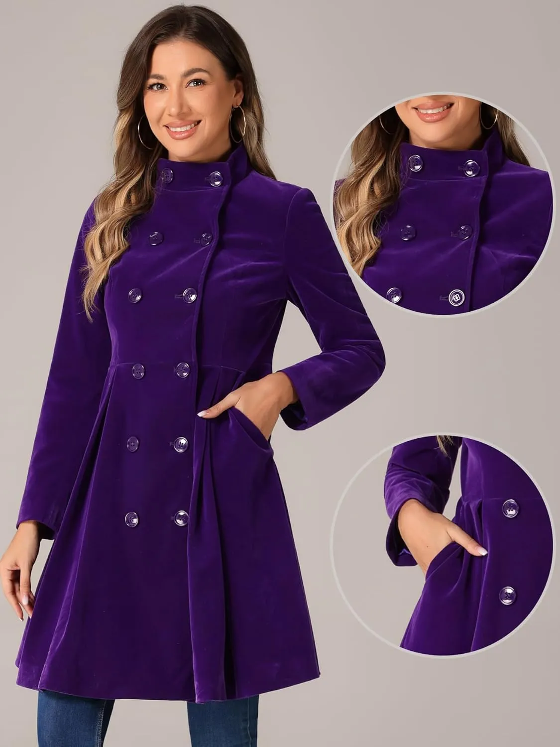 Allegra K Velvet A-Line Coat for Women's Christmas Double Breasted Winter Swing Coats