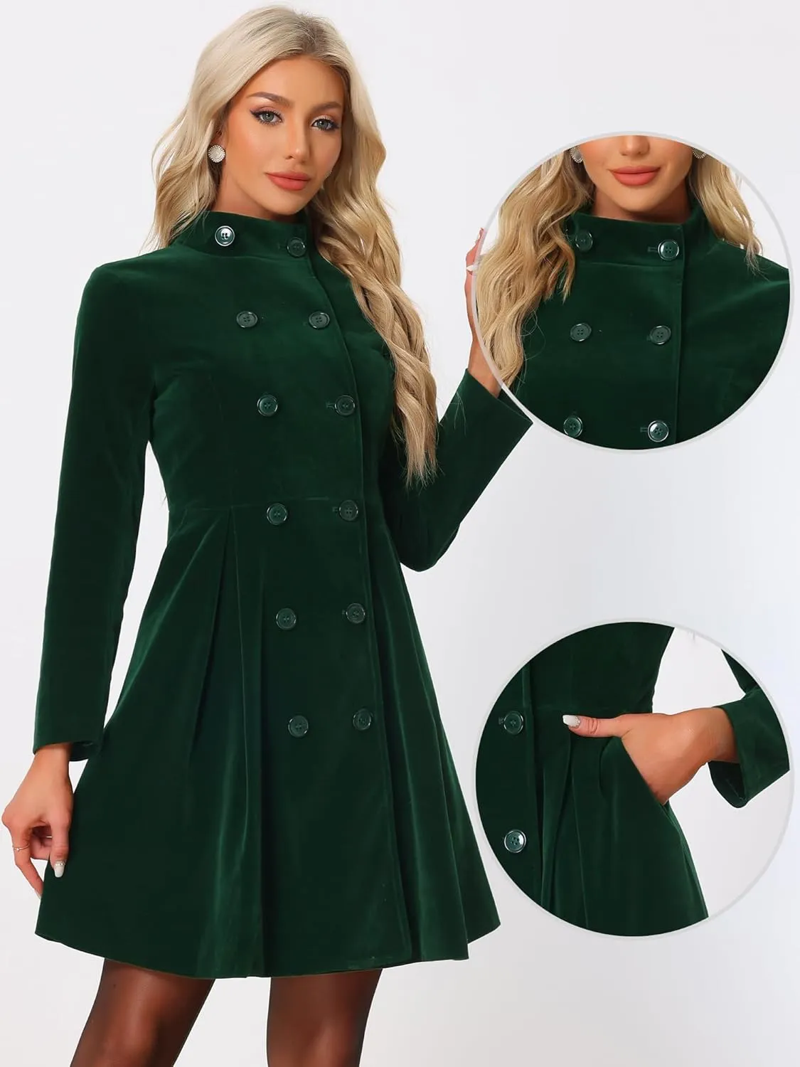 Allegra K Velvet A-Line Coat for Women's Christmas Double Breasted Winter Swing Coats