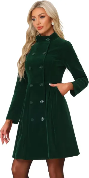 Allegra K Velvet A-Line Coat for Women's Christmas Double Breasted Winter Swing Coats