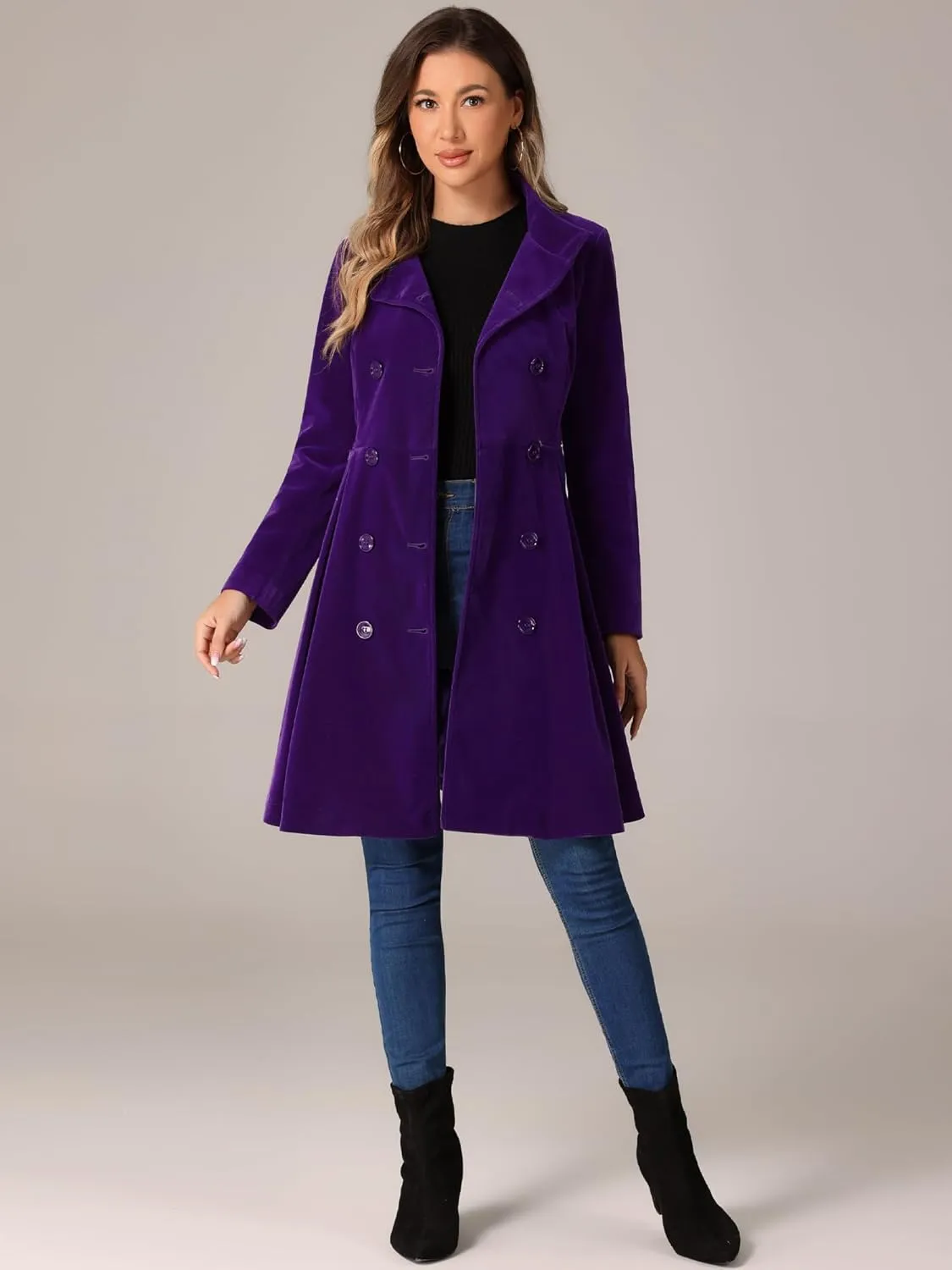Allegra K Velvet A-Line Coat for Women's Christmas Double Breasted Winter Swing Coats
