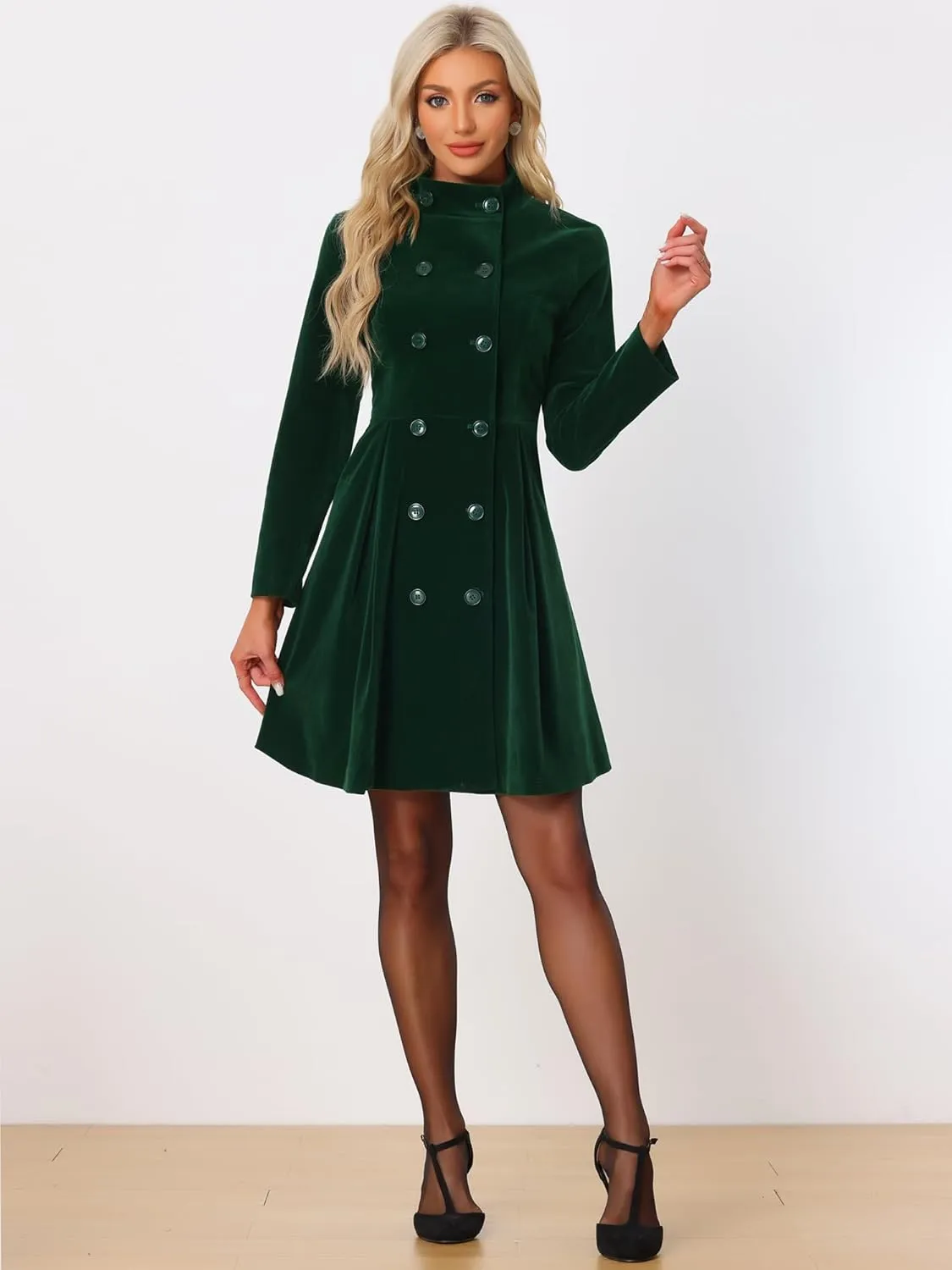 Allegra K Velvet A-Line Coat for Women's Christmas Double Breasted Winter Swing Coats