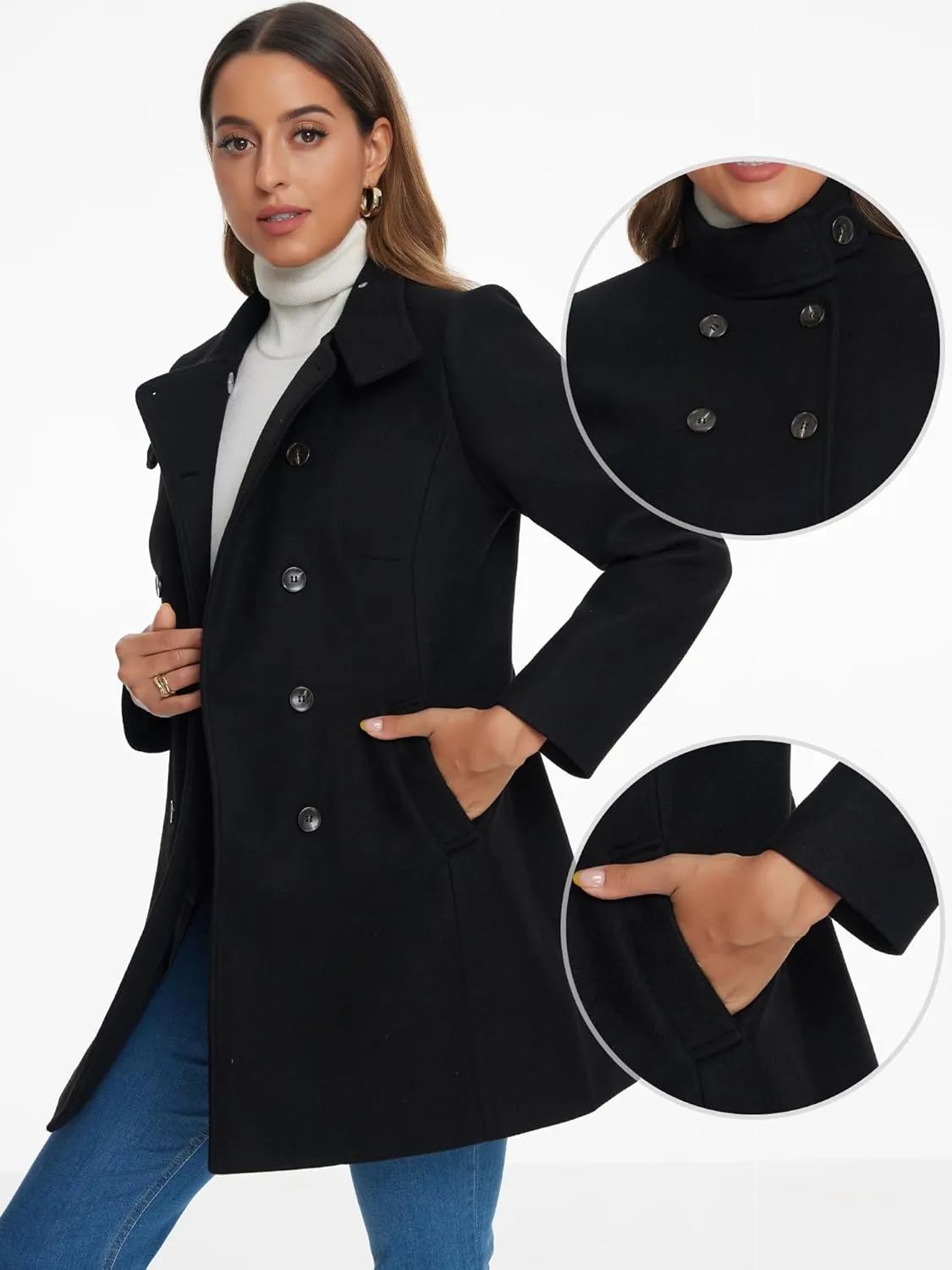Allegra K Winter Trench Coats for Women's Casual Stand Collar Pea Double Breasted Overcoat