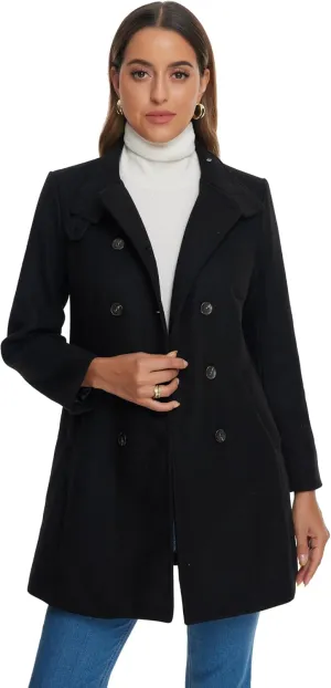 Allegra K Winter Trench Coats for Women's Casual Stand Collar Pea Double Breasted Overcoat