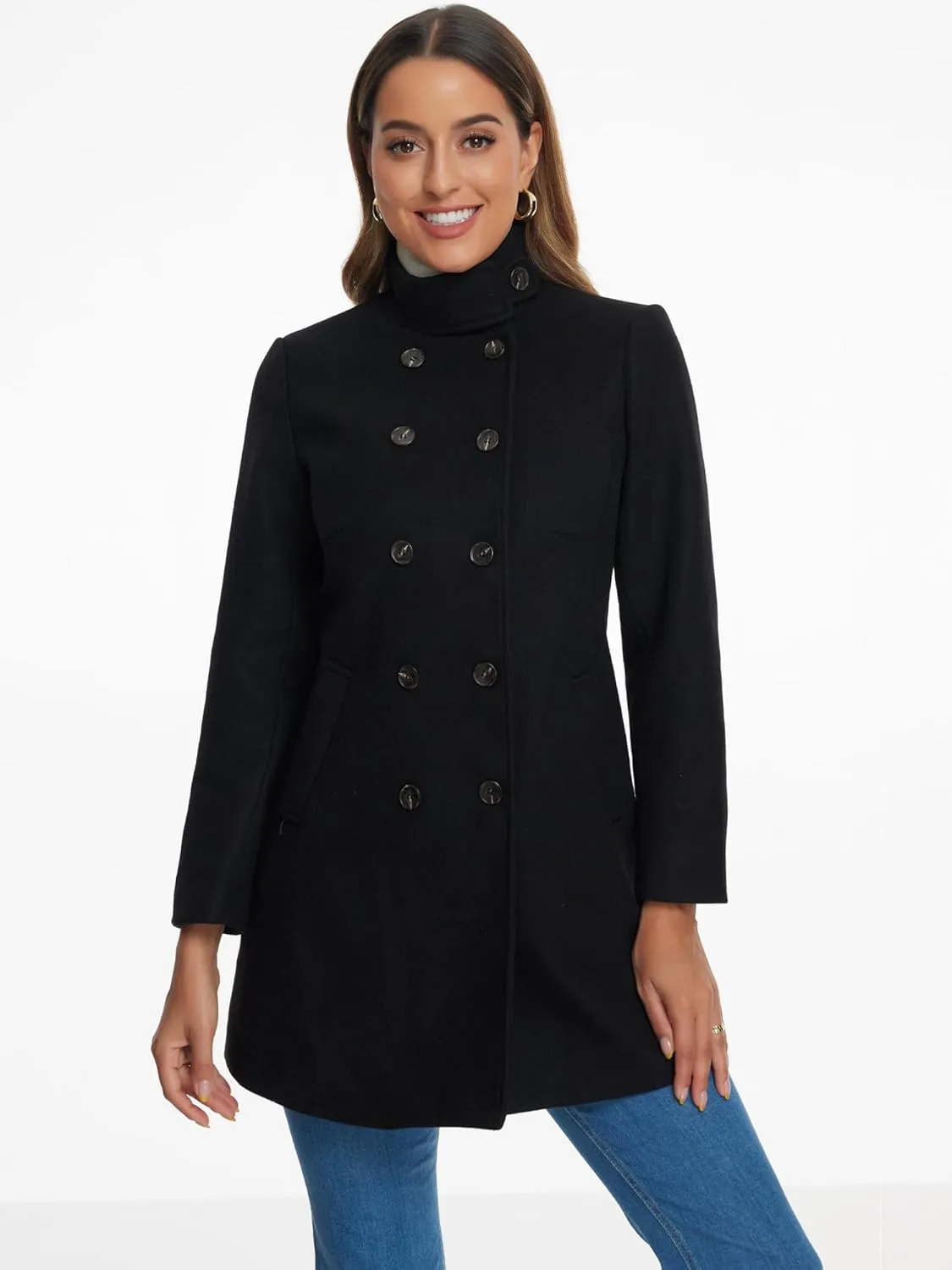 Allegra K Winter Trench Coats for Women's Casual Stand Collar Pea Double Breasted Overcoat