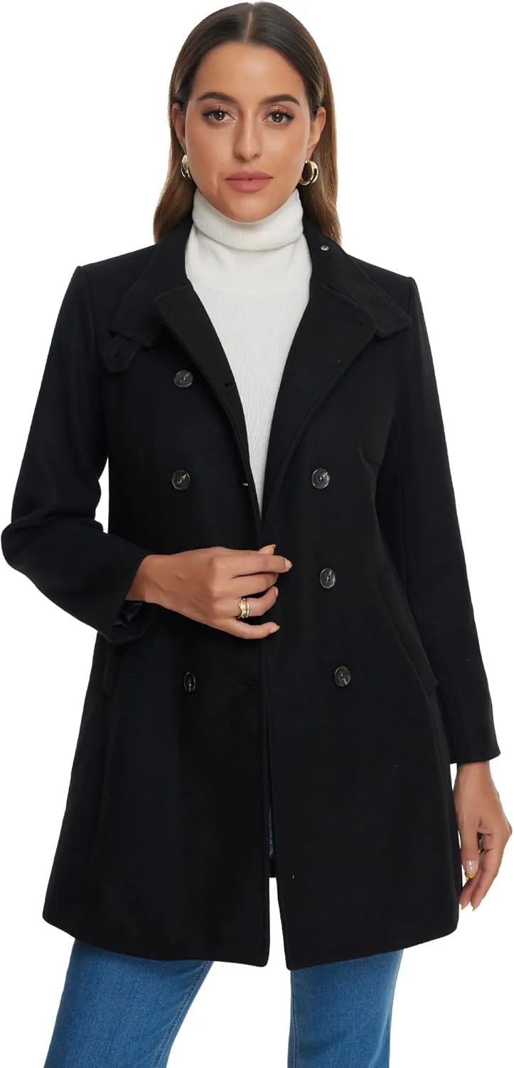Allegra K Winter Trench Coats for Women's Casual Stand Collar Pea Double Breasted Overcoat